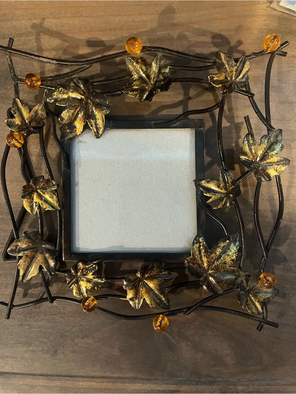 Small Decorative Metal Leaf Photo Frame - Gold and Amber